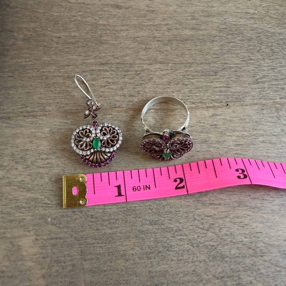 Antique Sterling Silver Owl Earrings and Ring Set with rubies and emerald - Picture 10 of 10